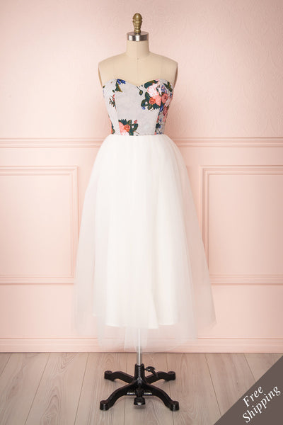 Noraini Floral Printed White Tulle Bustier Dress | Boutique 1861