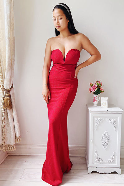 Norcia Red Shimmery Bustier Mermaid Maxi Dress | Boutique 1861 on model