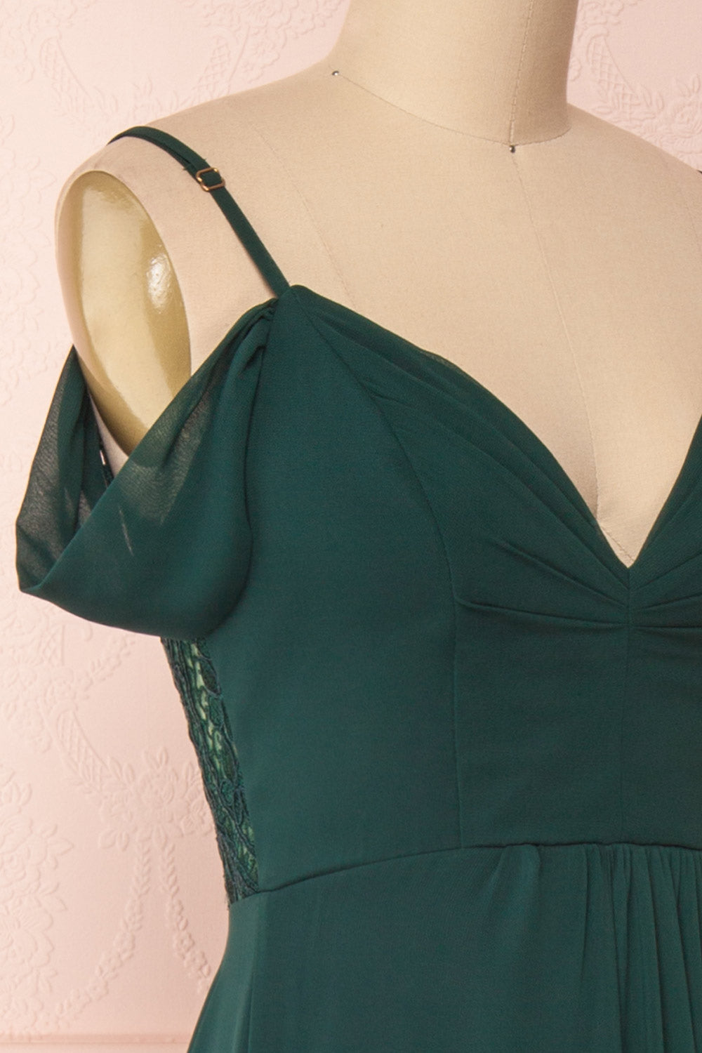 Norhai Émeraude Emerald Chiffon Off-Shoulder Gown | Boudoir 1861 side close-up