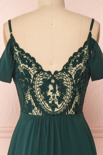 Norhai Émeraude Emerald Chiffon Off-Shoulder Gown | Boudoir 1861 back close-up