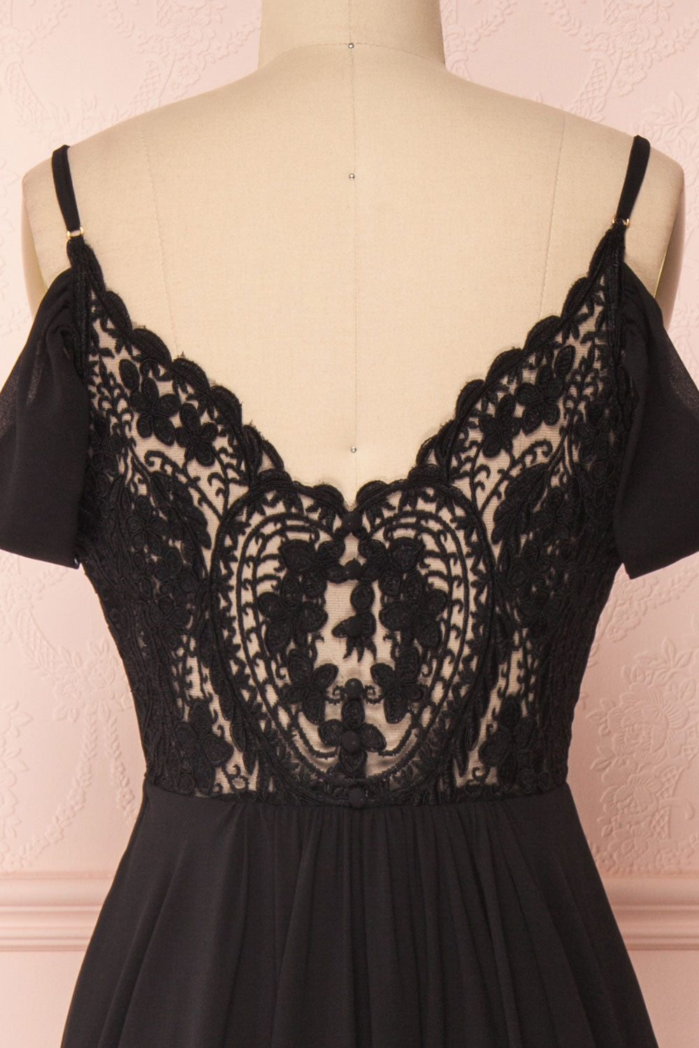 Norhai Noire Black Chiffon & Lace Off-Shoulder Gown | Boudoir 1861 back close-up