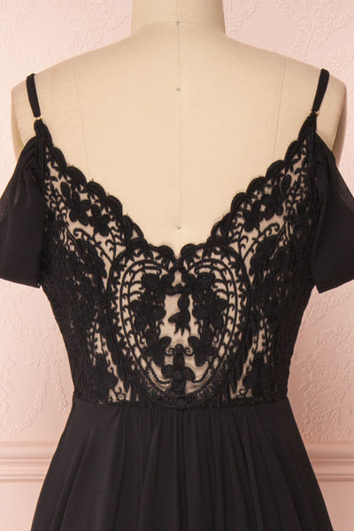Norhai Noire Black Chiffon & Lace Off-Shoulder Gown | Boudoir 1861 back close-up