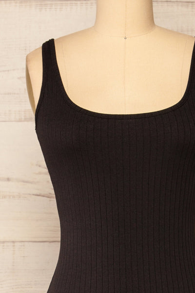 Nowe Black Fitted Midi Dress w/ Slit | La petite garçonne front close-up
