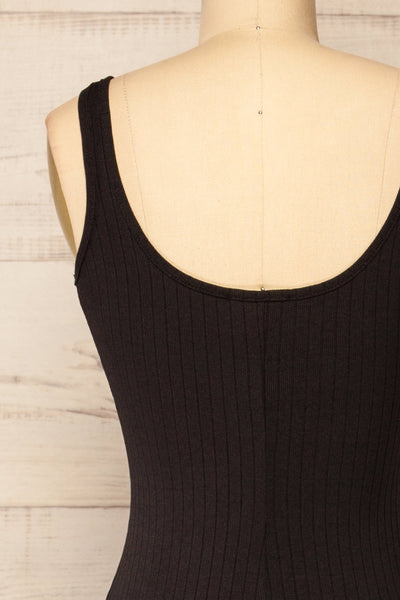 Nowe Black Fitted Midi Dress w/ Slit | La petite garçonne back close-up