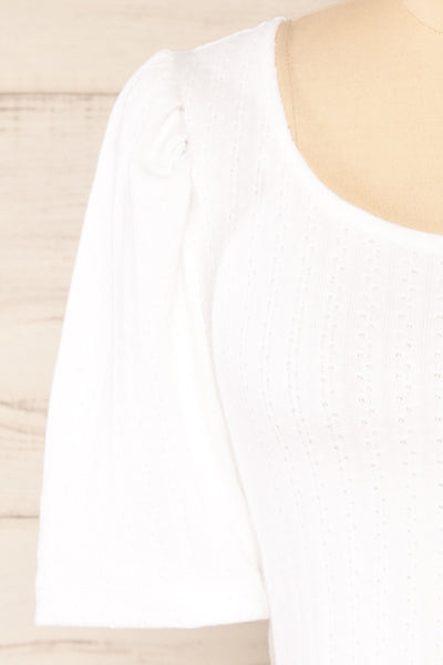 Nuova White Cotton Crop-Top w/ Puff Sleeves | La petite garçonne front close-up