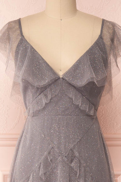 Nyssa Grey Layered Tulle Dress | Robe Grise | Boutique 1861 front close-up
