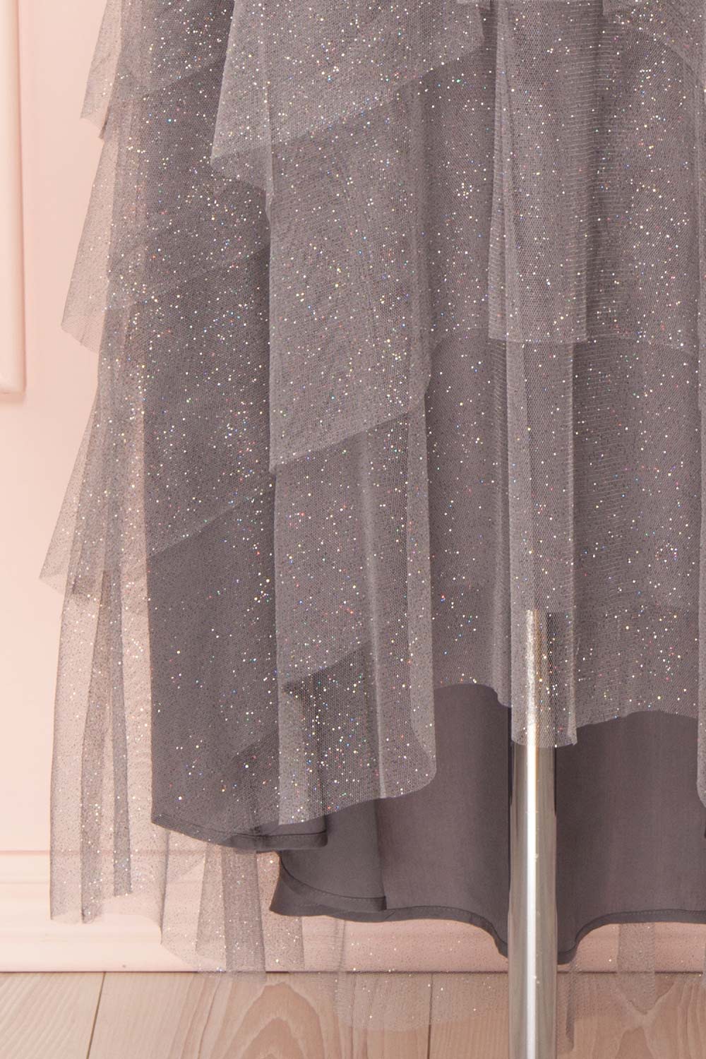 Nyssa Grey Layered Tulle Dress | Robe Grise | Boutique 1861 bottom close-up
