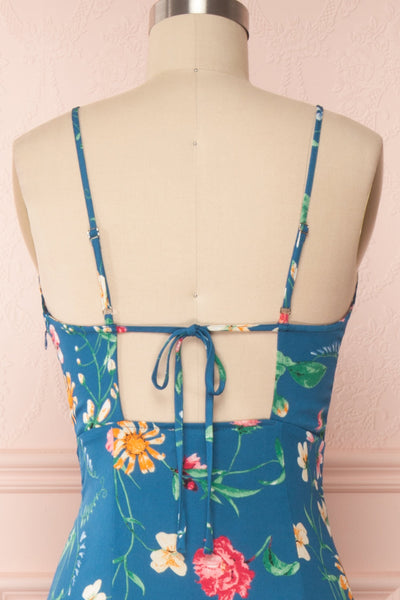 Octavie Blue Floral Maxi Dress w/ Frills | Boutique 1861 back close up
