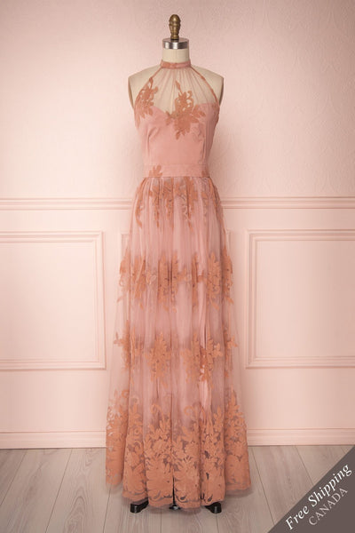 Oleye Blush Pink Floral Tulle Halter Dress | Boutique 1861