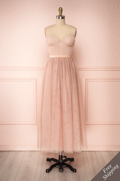 Ombeline Blush Pink Tulle Midi Bustier Dress | Boutique 1861 front view