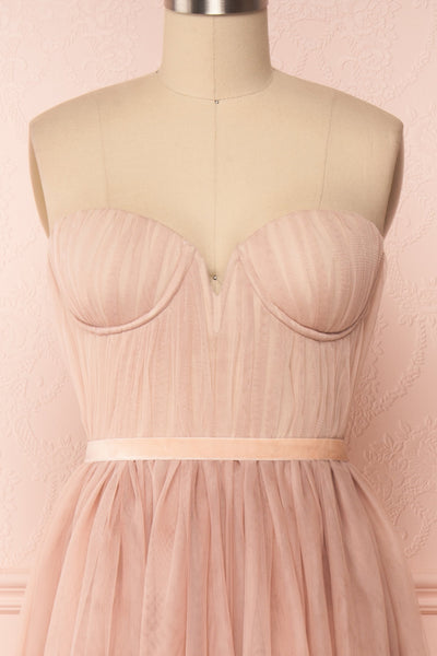 Ombeline Blush Pink Tulle Midi Bustier Dress | Boutique 1861 front close-up