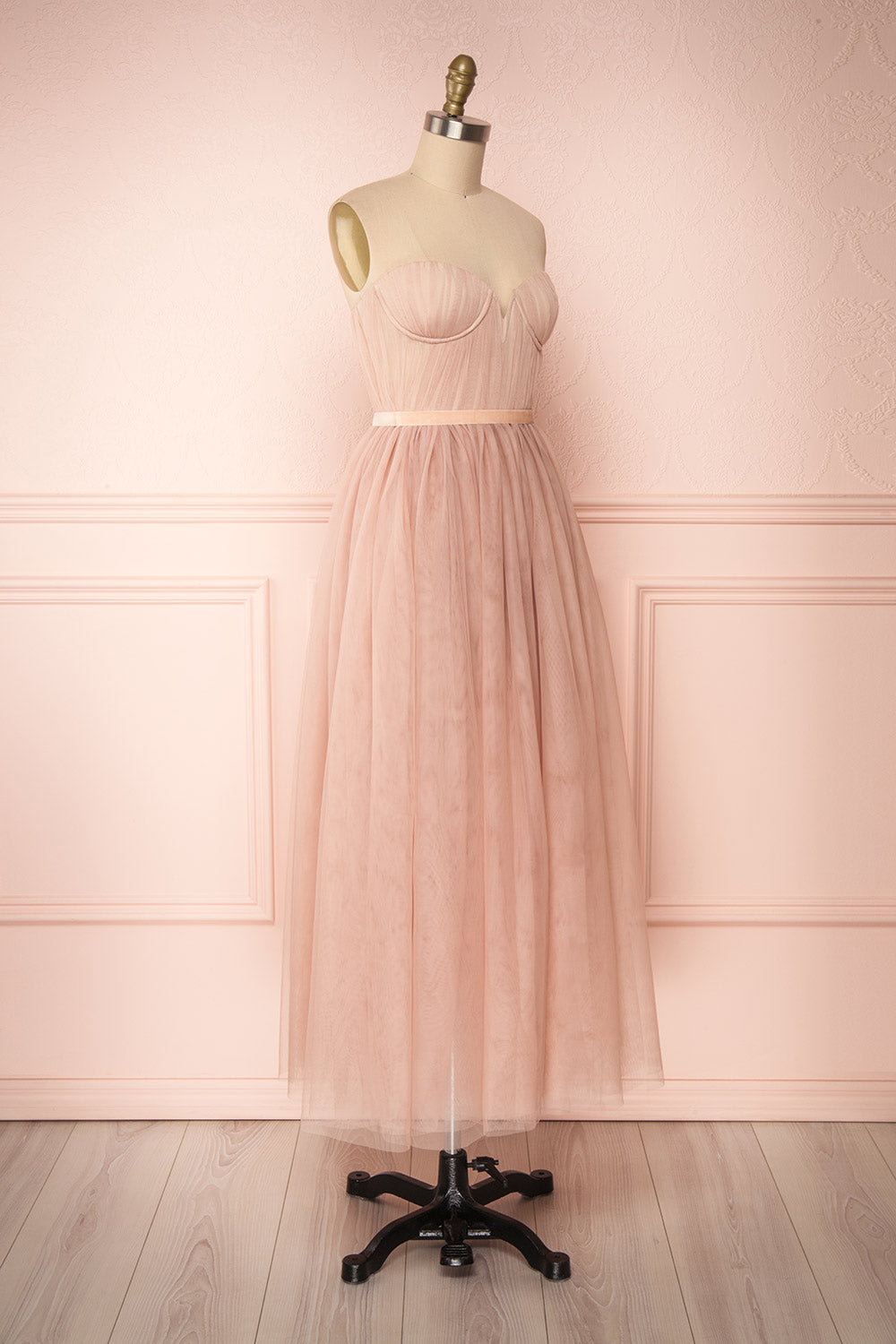 Ombeline Blush Pink Tulle Midi Bustier Dress | Boutique 1861 side view 