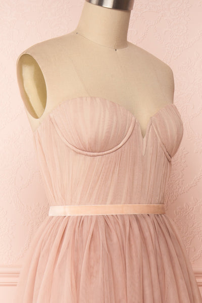 Ombeline Blush Pink Tulle Midi Bustier Dress | Boutique 1861 side close-up