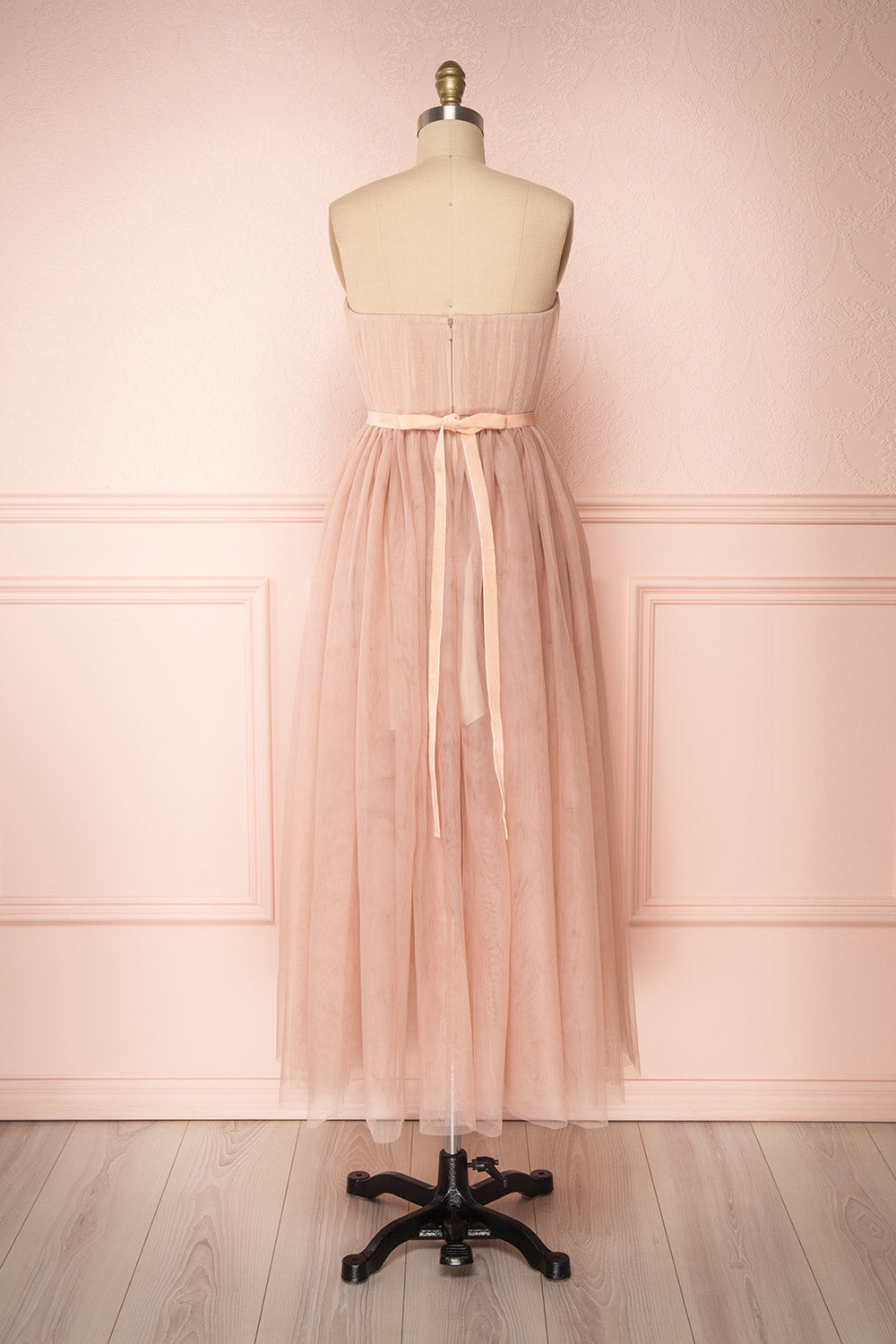 Ombeline Blush Pink Tulle Midi Bustier Dress | Boutique 1861 back view 
