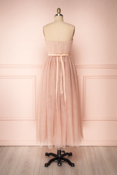 Ombeline Blush Pink Tulle Midi Bustier Dress | Boutique 1861 back view