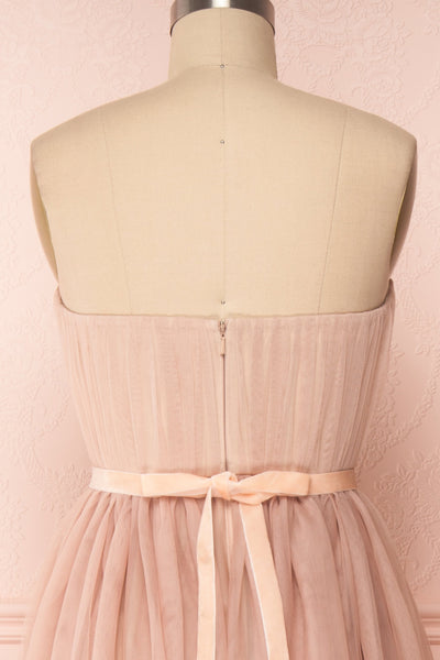 Ombeline Blush Pink Tulle Midi Bustier Dress | Boutique 1861 back close-up