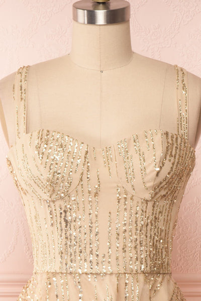 Ophelie Or Gold Party Dress | Robe Dorée front close up | Boutique 1861