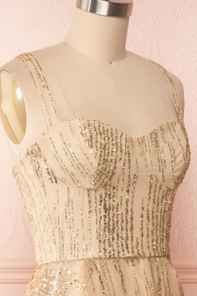 Ophelie Or Gold Party Dress | Robe Dorée side close up | Boutique 1861