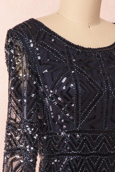 Opuhi Navy Blue Sequin Fitted Party Dress | Boutique 1861 side close-up