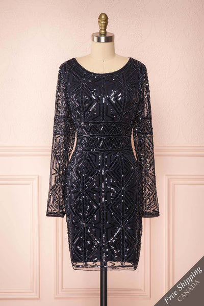 Opuhi Navy Blue Sequin Fitted Party Dress | Boutique 1861 front view