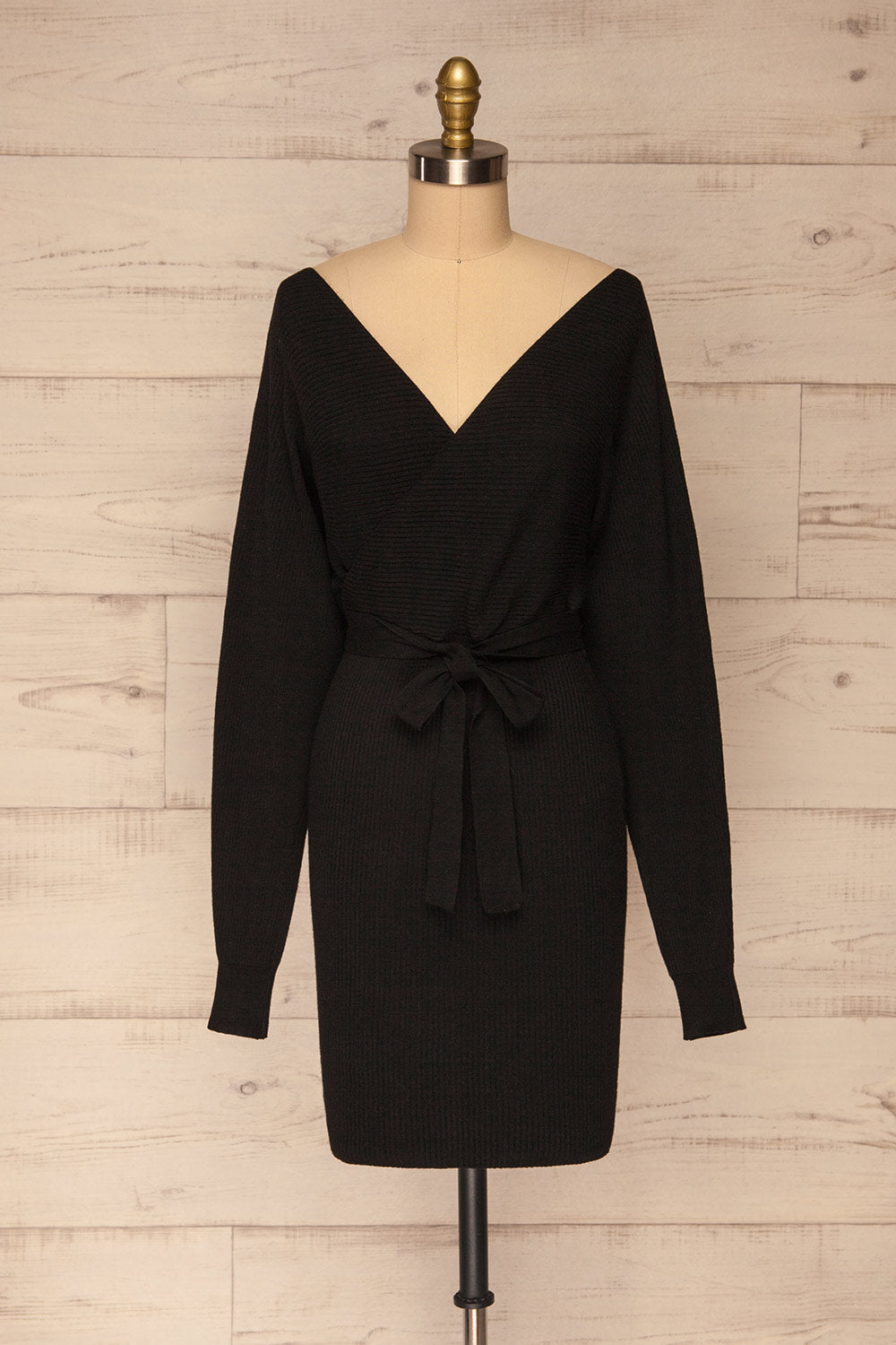 Oria Black Faux-Wrap Short Knit Dress | La petite garçonne front view 