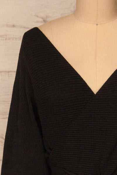 Oria Black Faux-Wrap Short Knit Dress | La petite garçonne front close-up