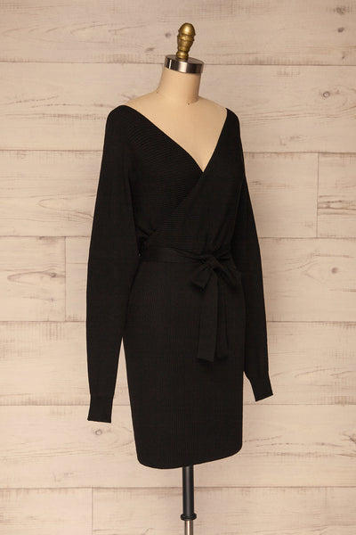 Oria Black Faux-Wrap Short Knit Dress | La petite garçonne side view
