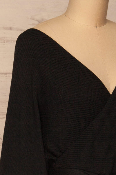 Oria Black Faux-Wrap Short Knit Dress | La petite garçonne side close-up