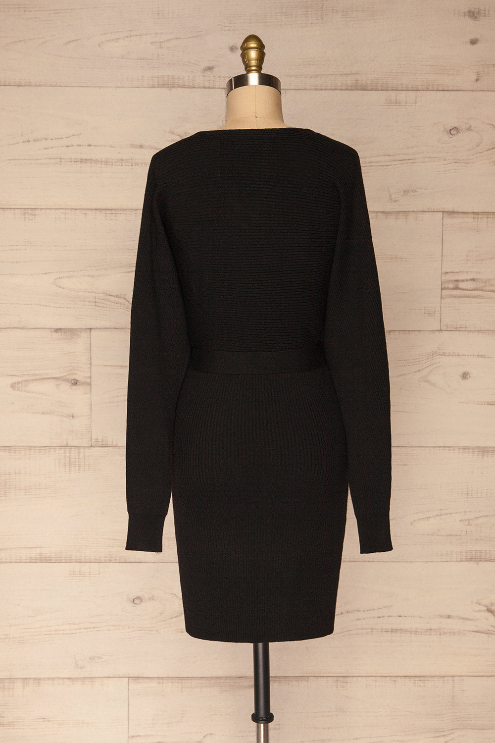 Oria Black Faux-Wrap Short Knit Dress | La petite garçonne back view 