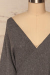 Oria Grey Faux-Wrap Short Knit Dress | La petite garçonne face close up