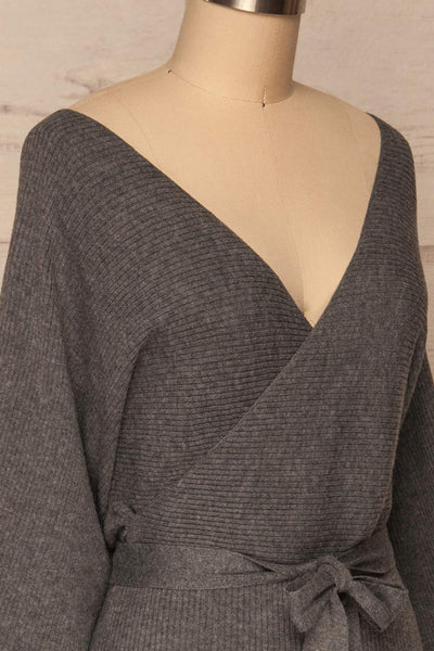 Oria Grey Faux-Wrap Short Knit Dress | La petite garçonne side close up