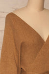 Oria Taupe Faux-Wrap Short Knit Dress | La petite garçonne side close-up