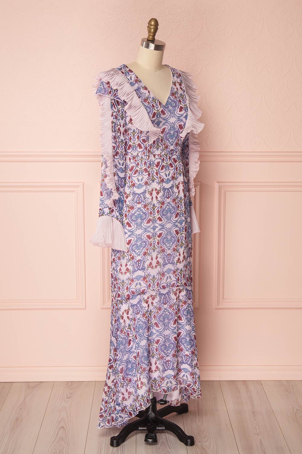 Orieta Lilac Pink Floral & Frills Maxi Dress | Boutique 1861