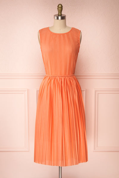 Ostra Petal Coral Pleated Midi Dress | Boutique 1861 front view