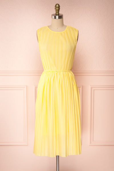 Ostra Sun Yellow Pleated Midi Dress | Boutique 1861 front view