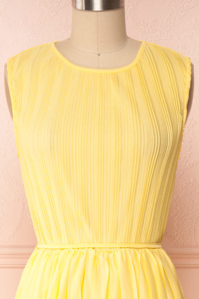 Ostra Sun Yellow Pleated Midi Dress | Boutique 1861 front close up