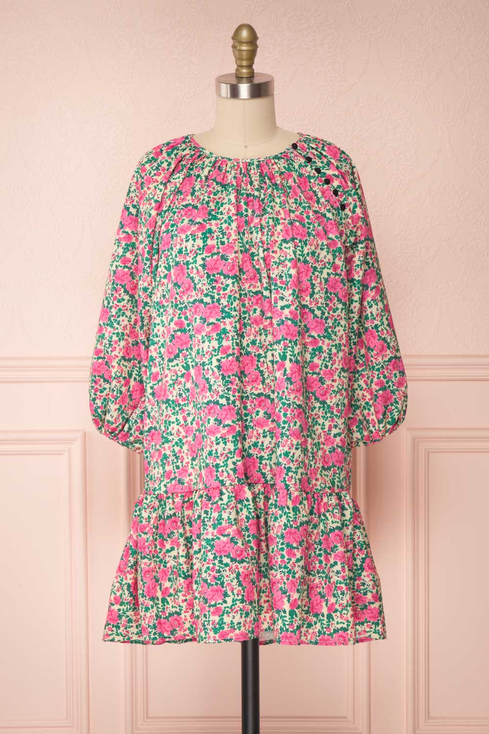 Oxomoco Pink & Green Floral Short Dress | Boutique 1861 front view