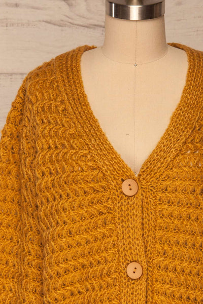 Ozimek Yellow Button-Up Knitted Cardigan | La petite garçonne front close up