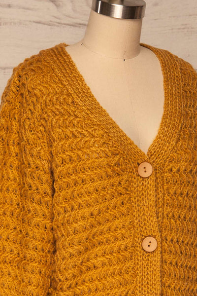 Ozimek Yellow Button-Up Knitted Cardigan | La petite garçonne side close up