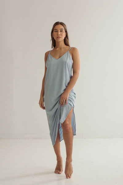 Palmi | Blue V-Neck Midi Slip Dress Photoshoot