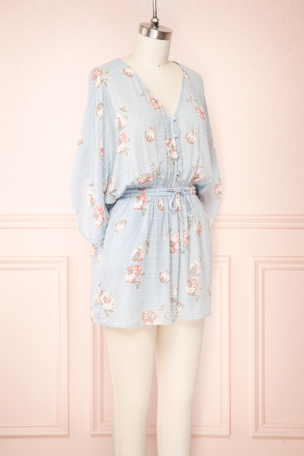 Parsa Blue V-Neck Plumetis Floral Romper | La petite garçonne side view