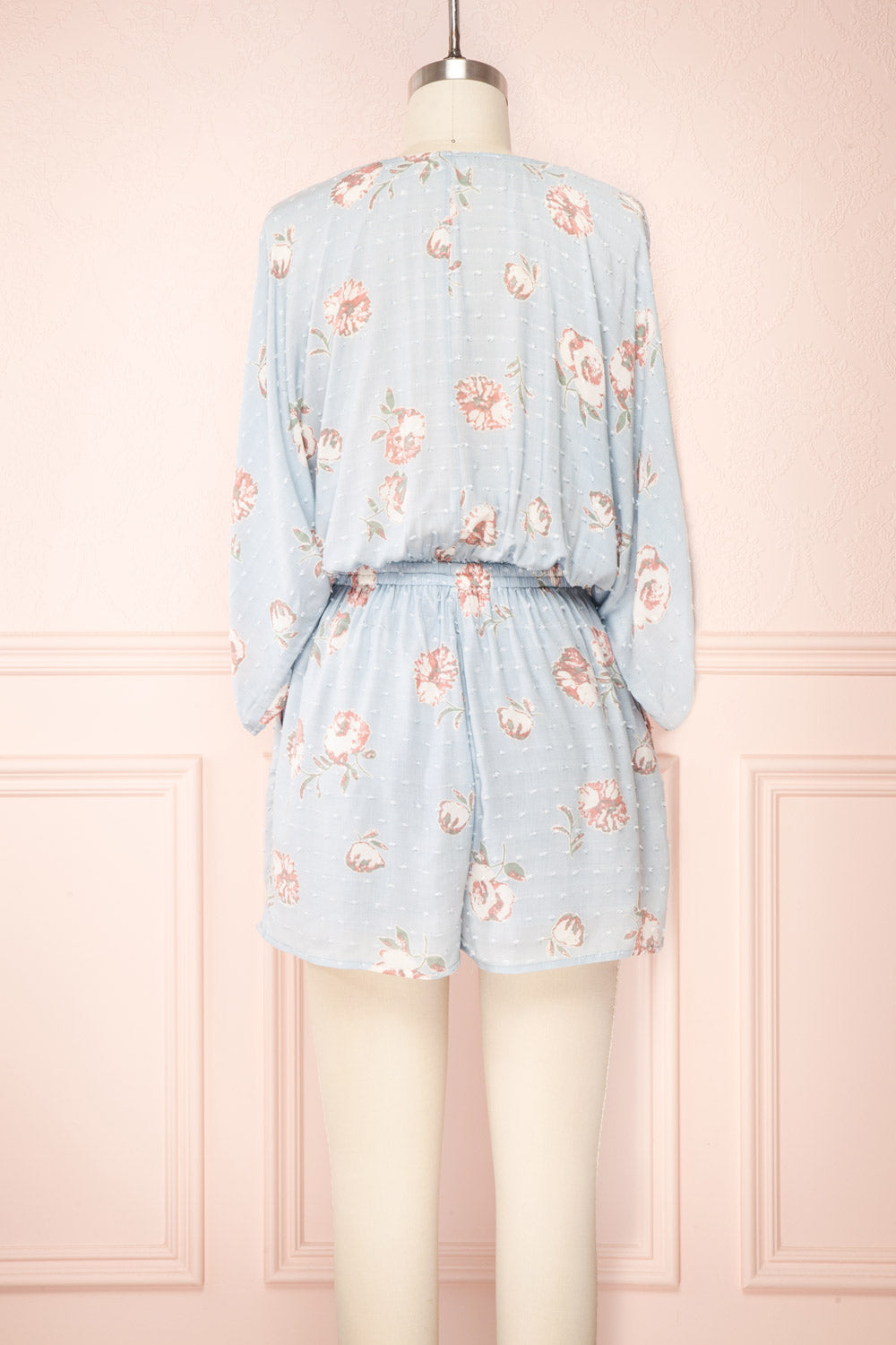 Parsa Blue V-Neck Plumetis Floral Romper | La petite garçonne back view