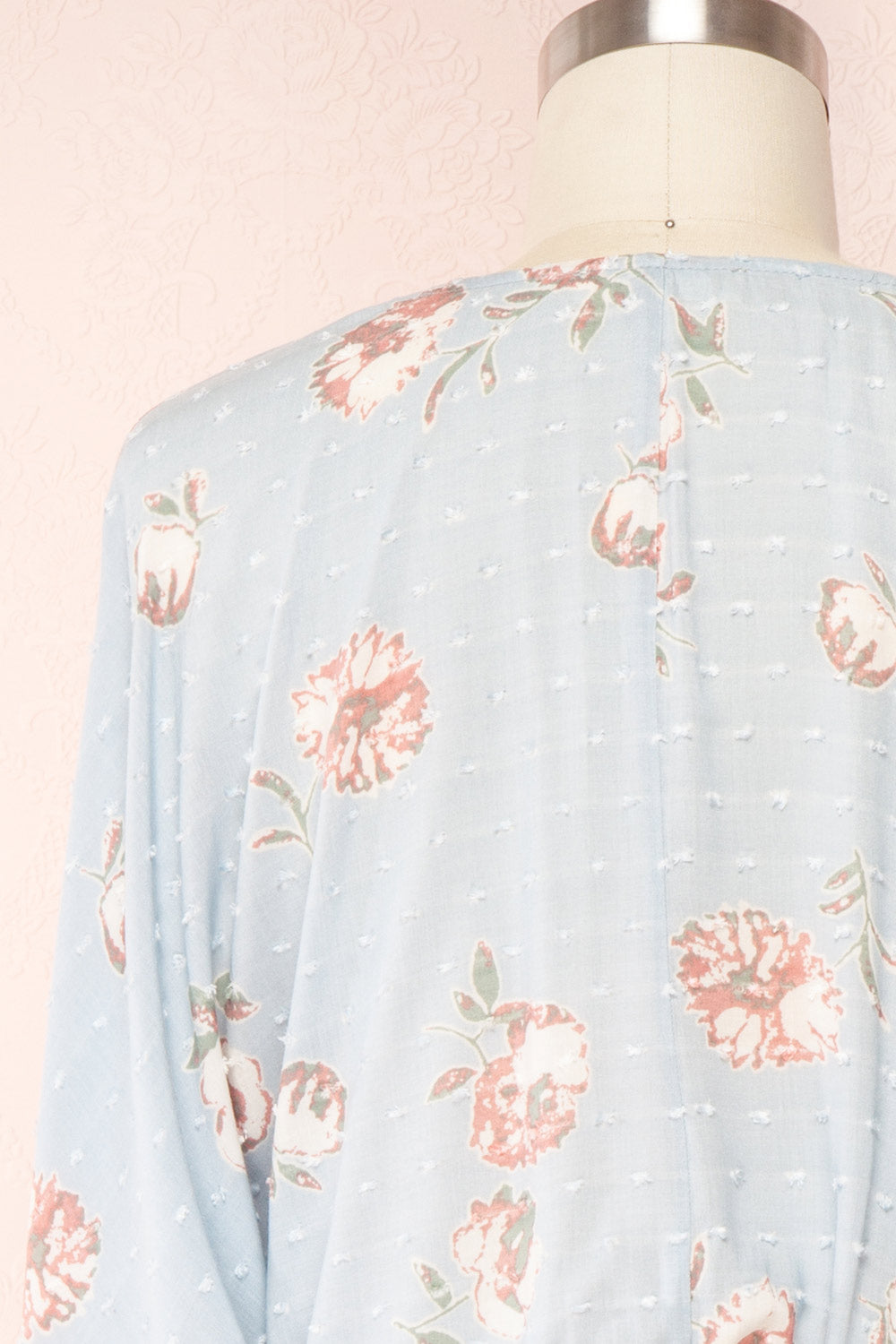 Parsa Blue V-Neck Plumetis Floral Romper | La petite garçonne back close up