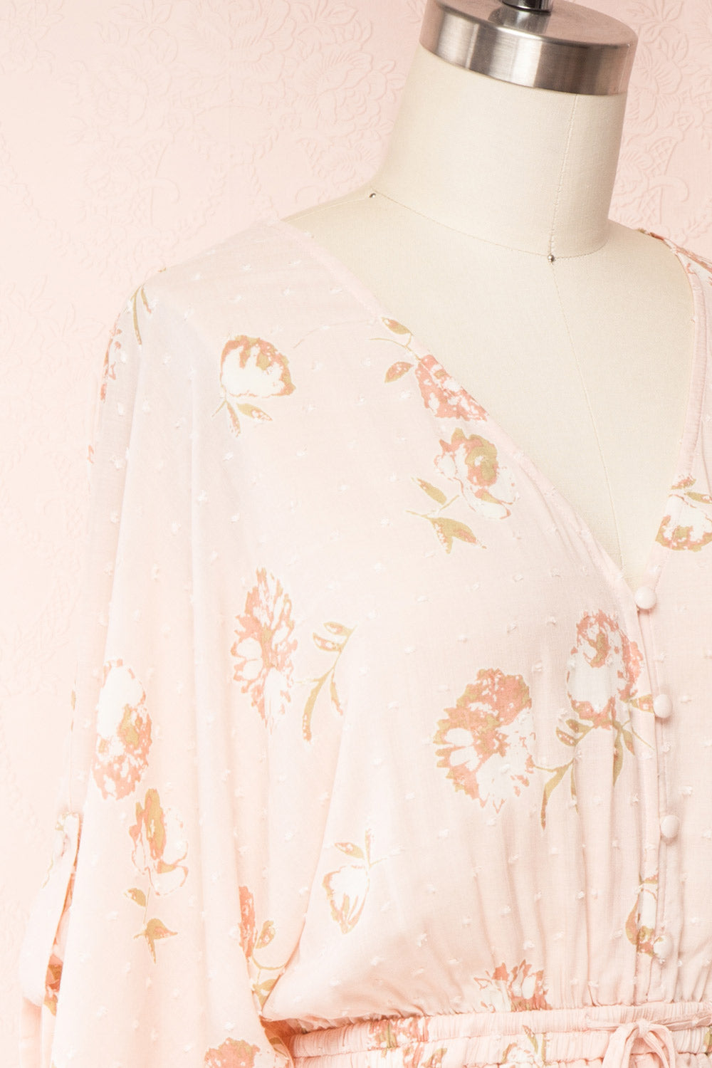 Parsa Blush V-Neck Plumetis Floral Romper | La petite garçonne side close up