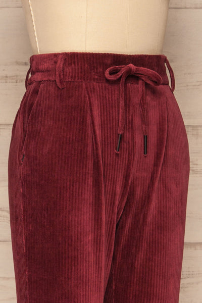 Pasio Cherry Red Corduroy Pants | La Petite Garçonne side close-up
