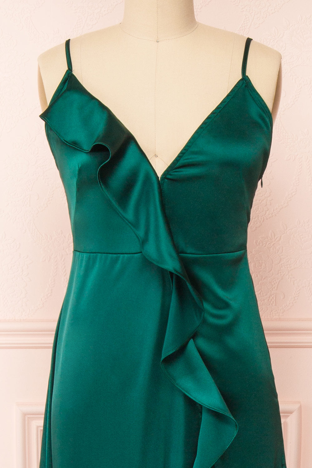 Patricia Green Dress w/ Ruffles | Boutique 1861 front close-up