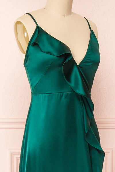 Patricia Green Dress w/ Ruffles | Boutique 1861 side close-up