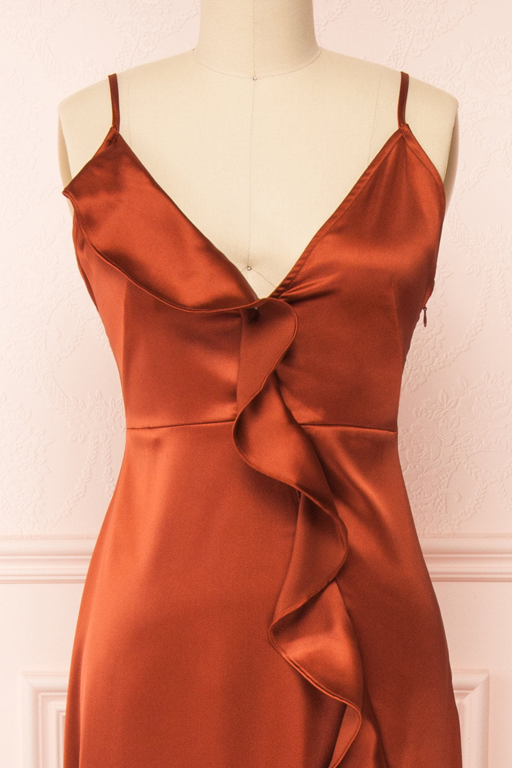 Patricia Rust Dress w/ Ruffles | Boutique 1861 front close-up