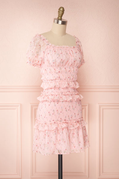Paulina Pink Floral Short Dress w/ Frills | Boutique 1861 side view