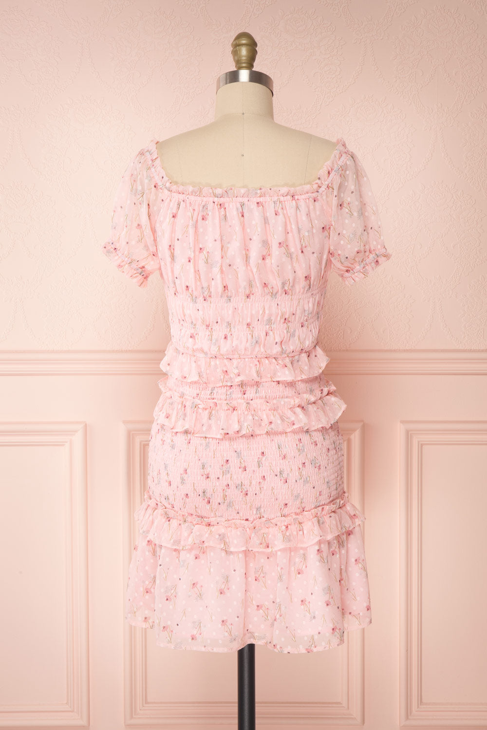 Paulina Pink Floral Short Dress w/ Frills | Boutique 1861 back view